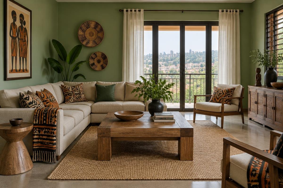 Living room in a nature-inspired green